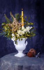 Still life with white roses and christmas decorations