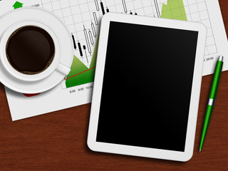 tablet with stock chart, cup of coffee and pen lying on desk