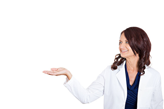 doctor woman presenting showing copy space white background 