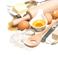 eggs, flour, sugar, butter, yeast. ingredients for dough prepara