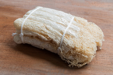 Dried Bamboo mushroom on wooden background.