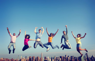Cheerful People Jumping Friendship Happiness City