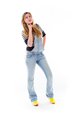 model isolated on plain background thinking