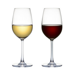 Red wine glass and white wine glass isolated on white background