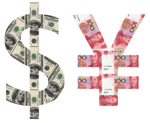 usd and rmb sylmbols shaped by paper currency