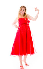 model isolated on plain background pointing to herself