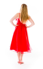 model isolated on plain background back hands on hips