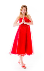 model isolated on plain background praying wishing