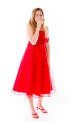 model isolated on plain background tired bored yawning