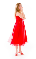 model isolated on plain background calling shouting