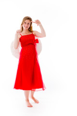 model isolated on plain background hand gesture framing focusing