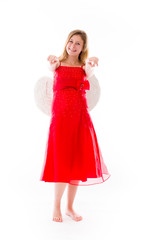 model isolated on plain background fingers pointing to camera