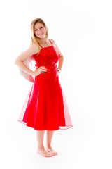 model isolated on plain background pround confident hands on hip