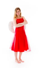 model isolated on plain background happy smiling arms crossed