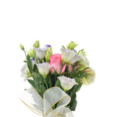 Bouquet of rose and lisianthus flowers on white background