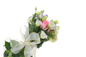 Bouquet of red rose and lisianthus flowers on white background