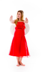 model isolated on plain background stop sign with hands