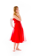 model isolated on plain background calling shouting