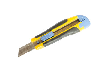 Yellow box cutter with rusty blade isolated on white background