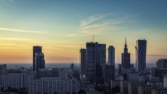 Warsaw Downtown sunrise aerial view, Poland