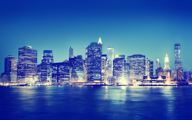 New York City Panorama Night Buildings Concept