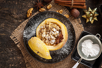 Baked apple with nuts, honey and oat flakes