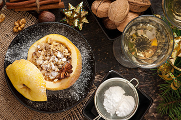 Baked apple with nuts, honey and oat flakes