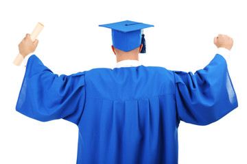 Man graduate student wearing graduation hat and gown, isolated
