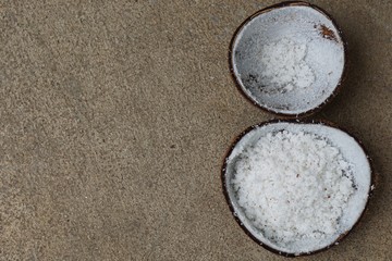 half of coconut shell after grated by coconut grater 5