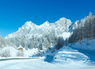 Morning winter alpine road.