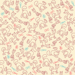 Fototapeta na wymiar Cute seamless pattern with cats, hand drawn