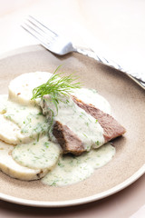 dill sauce with beef meat