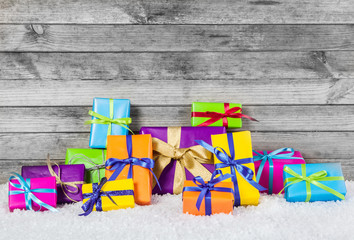 Arranged Christmas Presents on Wooden Background