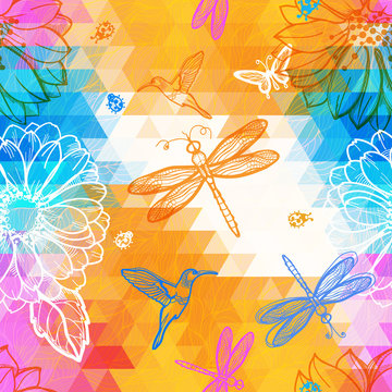 Seamless geometric pattern of triangles,flowers, butterflies