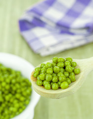 A wooden spoonful of fresh green peas