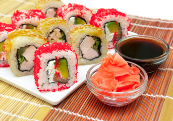 delicious rolls and pickled ginger closeup