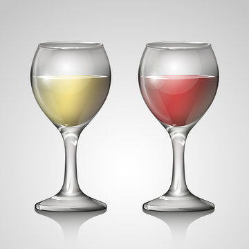 red wine glass and white wine glass on white background