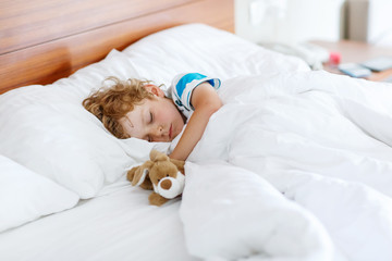 Adorable kid boy sleeping and dreaming in his white bed with toy