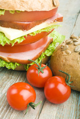Closeup of homemade hamburger with fresh vegetables