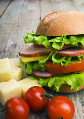 Closeup of homemade hamburger with fresh vegetables