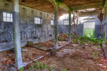 Fototapeta na wymiar Abandoned, derelict farm building (cattle shed).