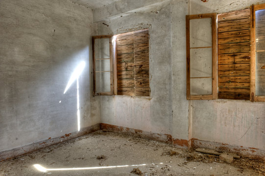 Abandoned, derelict building interior.