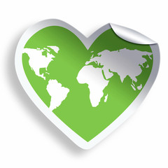 Heart green sticker with earth icon isolated on white