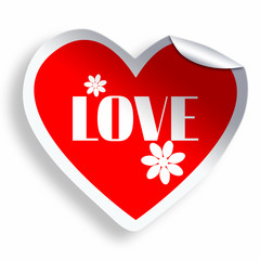 Heart sticker with Love and flowers isolated on white