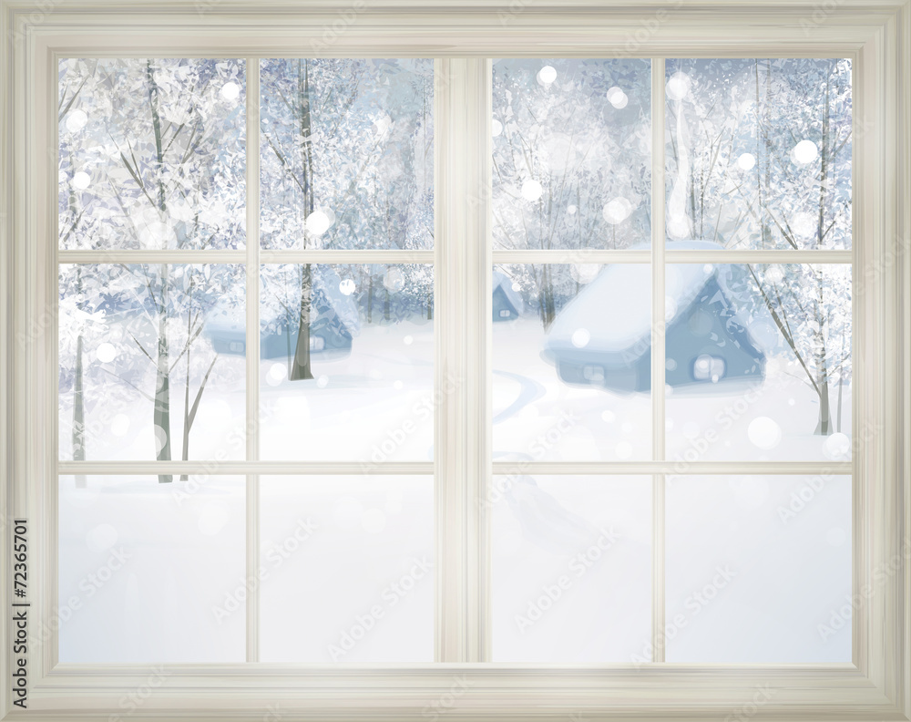 Poster window with winter view of snowy background.