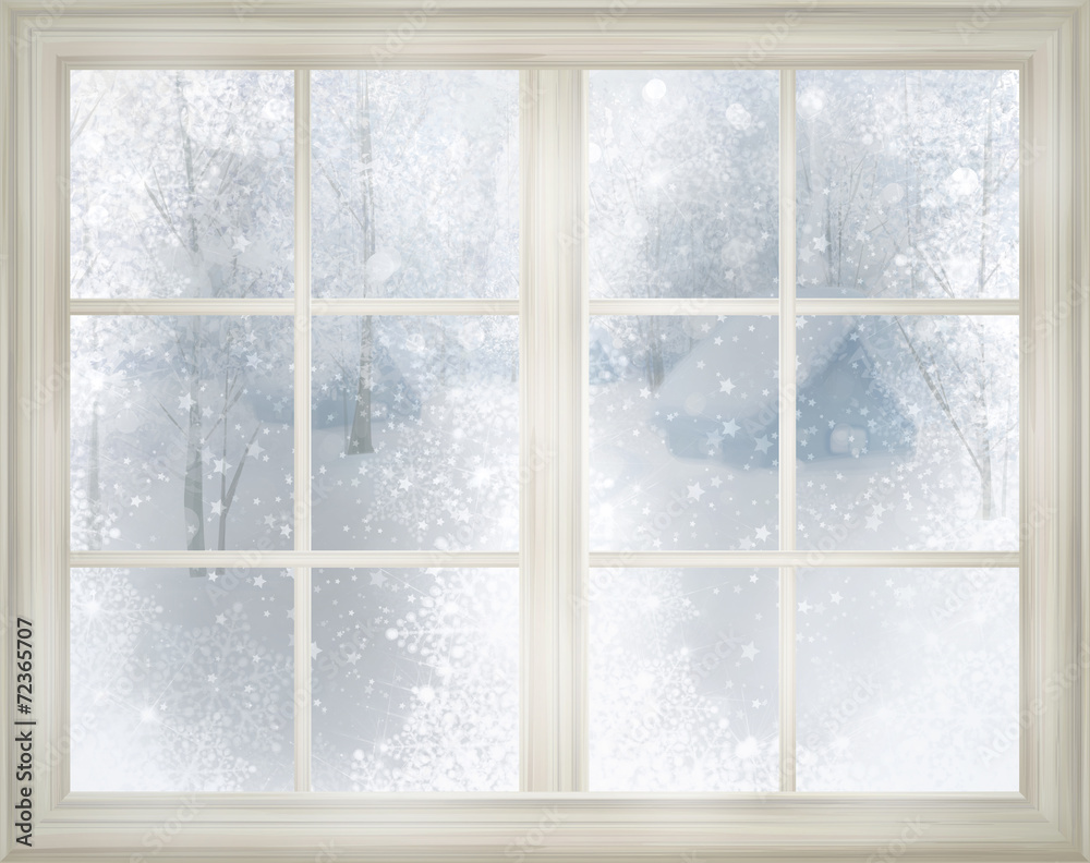 Wall mural window with winter view of snowy background.