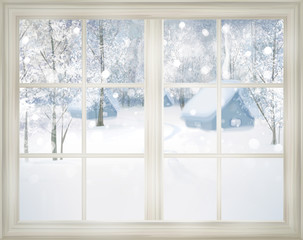Panele Szklane  Okno z widokiem na śnieżny tło zima.