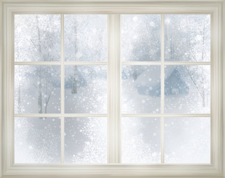 Window with winter view of snowy background.