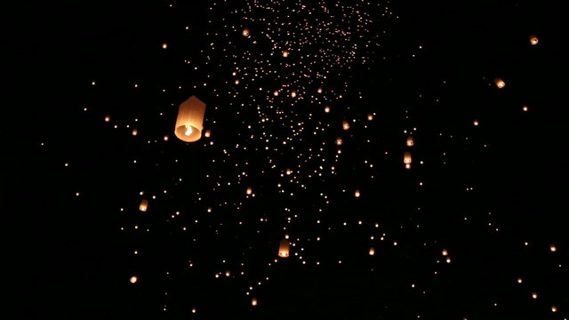 Floating lanterns in Yee Peng Festival. Chiangmai, Thailand.