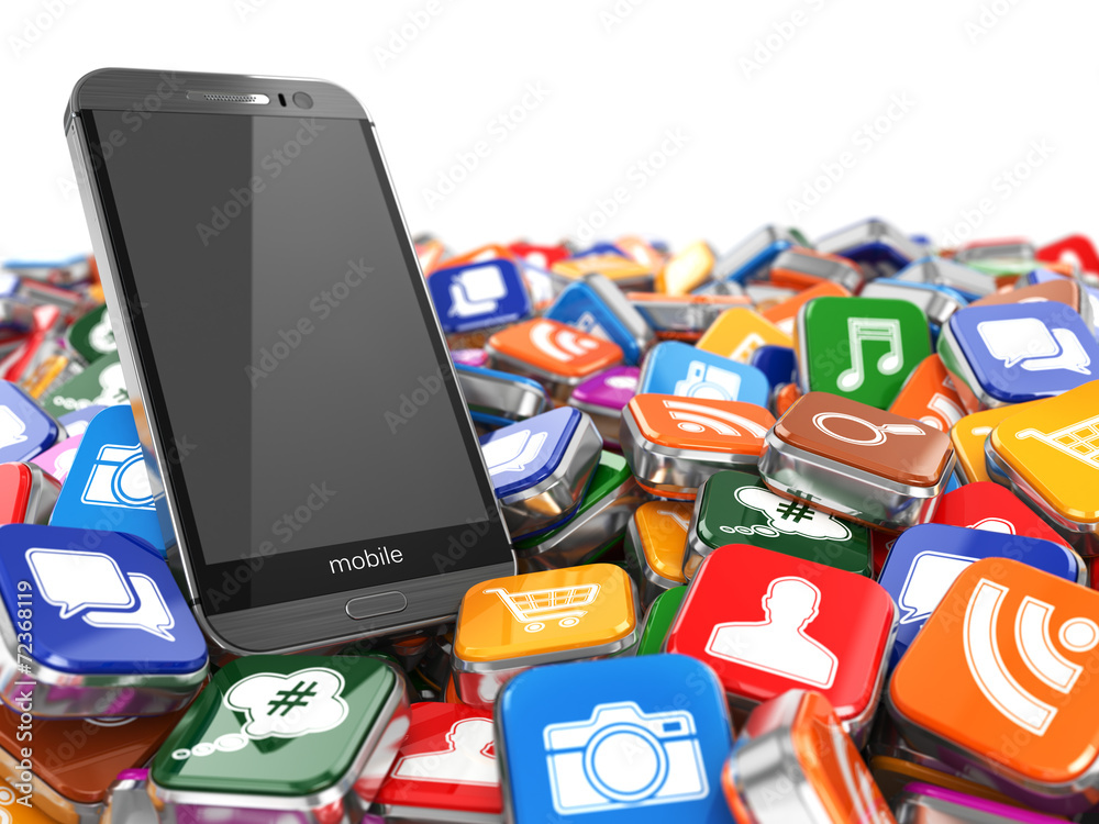 Poster software. smartphone or mobile phone app icons background.